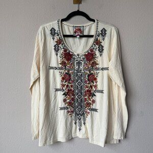 Johnny Was Zaret Cream Boho Floral Embroidered Blouse Size L